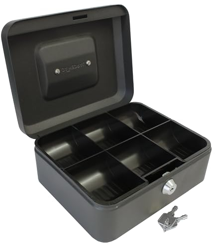 Cathedral Products Key Lockable Cash Box with Lift Out 6 Compartment Coin Tray - 8 Inch - Black