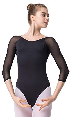Mesh Bodysuit for Women Ballet Dance Leotards 3/4 Sleeve Dancewear (Black,L)
