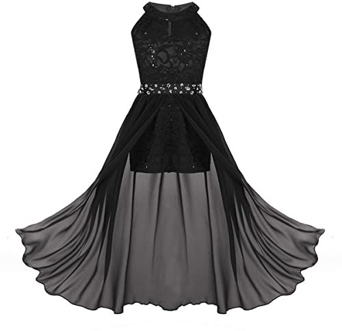 TiaoBug Robe Princesse Enfant Fille Dentelle à Strass Asymétrie pour Mariage Cérémonie Cocktail Sans Manche Organza Demoiselle d'Honneur Danse Carnaval E Noir 12 Ans