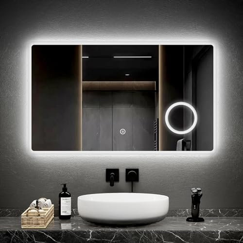 EMKE LED Badspiegel mit Beleuchtung 100x60cm Badezimmerspiegel kaltweiß Lichtspiegel Wandspiegel mit Touchschalter+3-Fach Schminkspiegel IP44 energiesparend