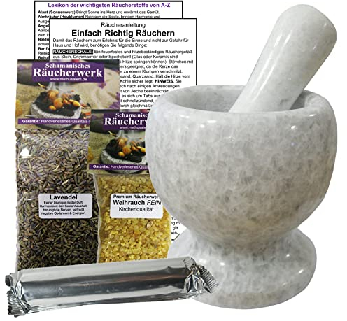 MÖRSER mit Stößel MARMOR 1700g Räucherset 5-TLG zum RÄUCHERN für jedes Räucherwerk - NATURSTEIN Räuchergefäß & Räucherschale in EINEM mit Lavendel + Weihrauch + Räucherkohle. 95420-W10
