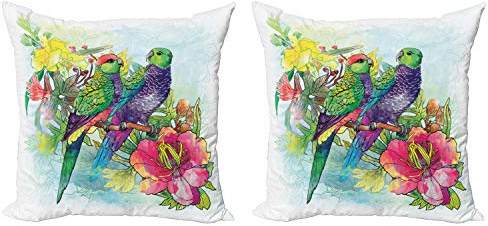 ABAKUHAUS Tropisch Dekokissen Kissenbezug 2er Pack, Blumen Papageien-Liebe, Modern Accent Doppelseitiger Digitaldruck, 50x50, Mehrfarbig Rosa