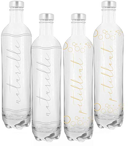 BrandPrint Set di 4 Bottiglie in Vetro Modello Hera 750 ml, serigrafata, con Tappo a Vite in Alluminio colore Argento. (2 Naturale e 2 Frizzante)