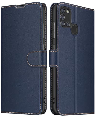 ELESNOW Hülle für Samsung Galaxy A21s, Leder Klappbar Wallet Schutzhülle Tasche Handyhülle mit [Magnetisch, Kartenfach, Standfunktion] für Samsung Galaxy A21s (Blau)