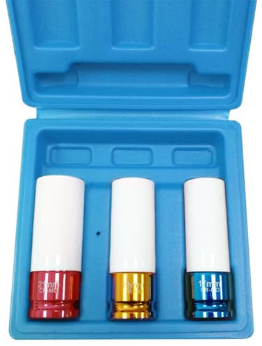 Aufun Juego de 3 llaves de impacto de 1/2 pulgadas, 17 mm, 19 mm, 21 mm, juego de tuercas con protección de llantas de plástico para tornillos de rueda