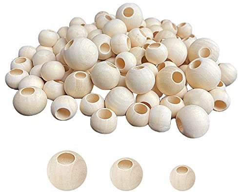 Holzkugeln mit Loch 120pcs, Holzperlen zum Auffädeln groß, 20/25/30mm Makramee Perlen, Makramee Holzperlen, Wooden Beads für DIY Schmuck Herstellung Heimwerker Handwerk, Lose Perlen