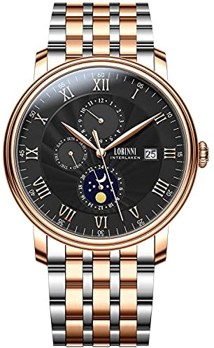 LOBINNI Herren Mondphase Automatische Mechanische Leder Wasserdicht Top Marke Luxus Echte Kalender Uhr, Rose-Black, Mechanisch