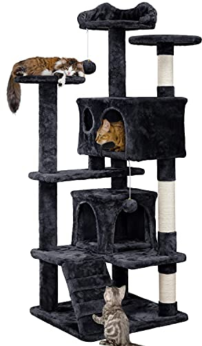 Yaheetech Kratzbaum Kletterbaum 139 cm hoch Katzenkratzbaum, Stabiler Katzenbaum mit 3 Plattformen, 3 Kratzsäulen, 2 Höhle, Plüschbälle Katzenmöbel, Schwarz