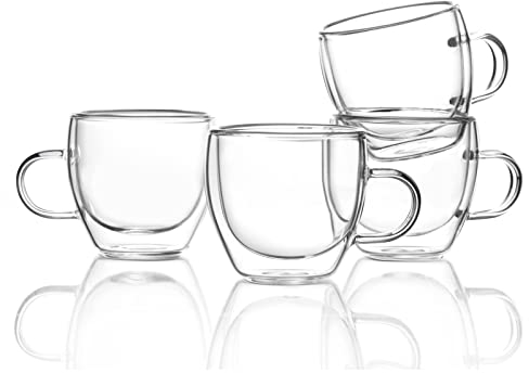 ZONEYILA Set di tazze da caffè in vetro a doppia parete, isolate, da 113,4 a 170 ml, bicchieri in vetro trasparente con manico, per doppio espresso, cappuccino, latte, bevande calde/fredde