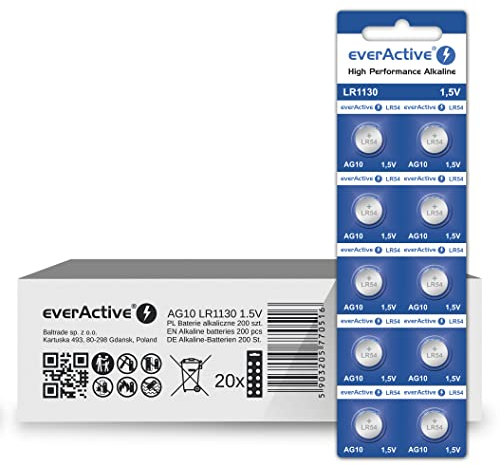 everActive Lot de 200 Piles AG10 1,5 V alcalines Mini G10 LR1130 LR54 - Durée de Vie de 5 Ans - 20 Cartes Blister