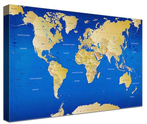 LANA KK Stilvolle Pinnwand Weltkarte - Blau - Deutsch in 80 x 60 cm, stabile Rückwand zum Pinnen inkl. Starterkit - Leinwand-Kunstdruck Wandbild Landkarte XXL