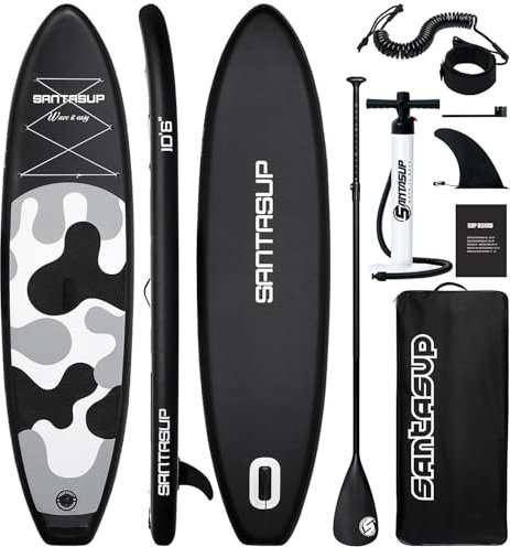 Santasup Inflatable Paddle Board, Black White Stand Up Paddle Boards for Adults, Sup Board for Fishing, Wide Stance for All Levels, Sup Accessories with Double Action Pump