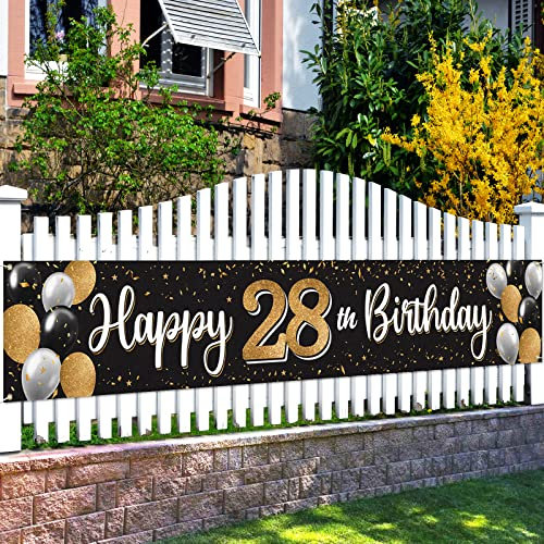 Nelbiirth Happy 28th Birthday Schwarz & Gold Hofschild Banner – Cheers to 28 Years Old Birthday Home Outdoor Fotorequisite Hintergrund 28. Geburtstag Party Dekoration (3 m x 0,5 m)