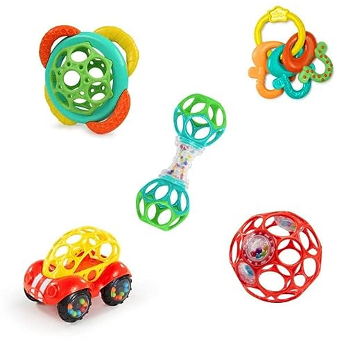 Bright Starts, Set de regalo de Chupetes y Sacudidores, 5 Juguetes y 2 Anillos de dentición con diferentes texturas alivian las encías doloridas, Unisex, Recién nacido +