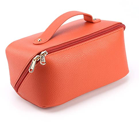 Trousse de Toilette Femme Grande Capacité, Sac de Toilette en PU Cuir étanche, Trousses à Maquillage avec Poignée et Séparateur, Portable Trousse de Rangement Toilette (Orange)
