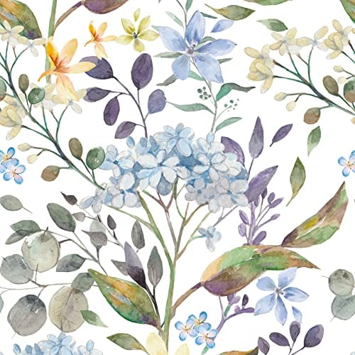 VEELIKE Fototapete Blumen Weiß 44.5cm×900cm Tapete Blätter Tropische Blau Blumentapete Vintage Schrankpapier Schlafzimmer Möbelfolie Muster Klebefolie Ornamente Wandtapete Badezimmer Wasserfest