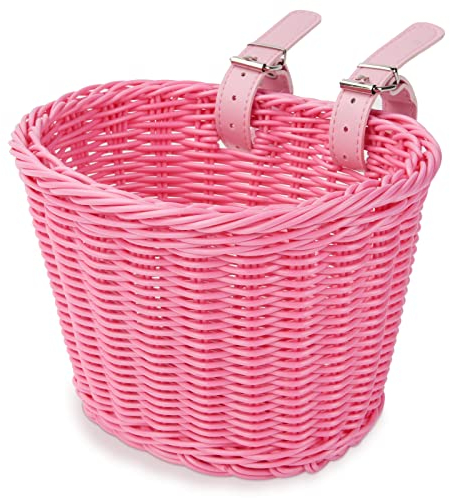Flintronic Fahrradkorb Kinder, Fahrradkorb Geflochten für Mädchen und Kinder Vorne, Abnehmbar Fahrradkorb aus Rattan mit Lederriemen (Rosa)