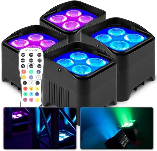 BeamZ BBP94W Uplight LED Par Strahler, 4er Set, 4 x 10 Watt, Akku Bühnenbeleuchtung 4er Set für DJ Pult, Bühnenlicht, DMX-WLAN, Partylicht Musikgesteuert, Bühnenequipment, Fernbedienung