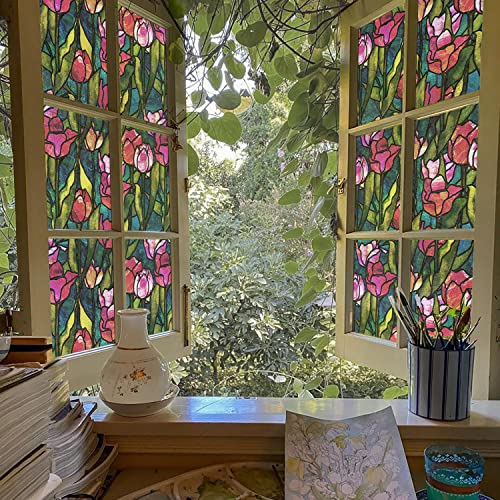 funlife Fensterfolie statisch haftende Fensteraufkleber Blickdicht, selbsthaftende Glasfolie für Fenster, Glas im Büro Bad, einseitige Sichtschutzfolie Scheibenfolie, 30x300cm Rote Tulpen