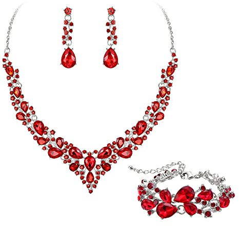 EVER FAITH Statement Halskette Ohrringe und Armband Set für Damen österreichische Kristall Tropfen Cluster Schmuckset Rot Silber-Tone