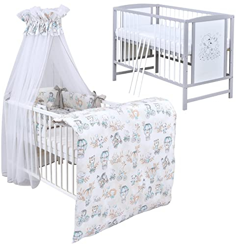 Baby Delux Babybett Komplett Set Kinderbett Mia grau weiß 120x60 Bettwäsche Set mehrteilig Matratze (Zoo beige Mint)