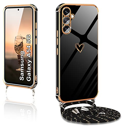 Kaply Handykette für Samsung Galaxy A54 5G Hülle mit Band,Handyhülle Samsung Galaxy A54 5G mit Kette Love Design Galvanik Silikon Stoßfest Schutzhülle mit Kordel zum Umhängen Kameraschutz, Schwarz