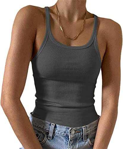 Feziakuk Spaghetti Top Damen Sexy Ärmellos Unterhemd Gerippte Tank Top Basic Einfarbig Camisole Sommer Oberteile, Grau XS