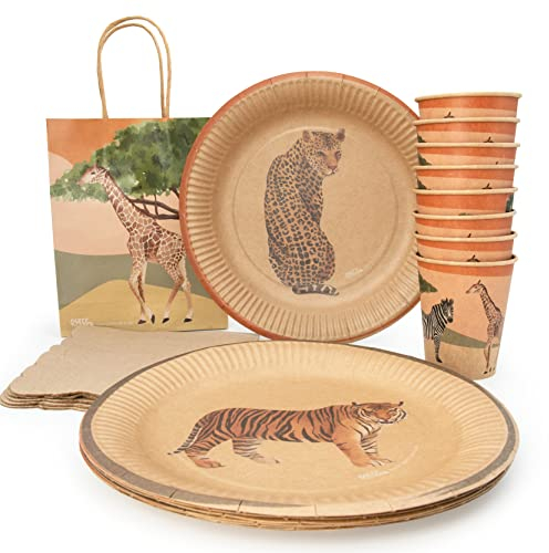 PARTY PARTY Safari Party Set 8 Gäste umweltfreundliches Kraftpapier, GESCHENKTÜTEN + PARTYGESCHIRR Partybecher, Pappteller, Servietten, Party Deko Dschungel Kindergeburtstag Junge Mädchen