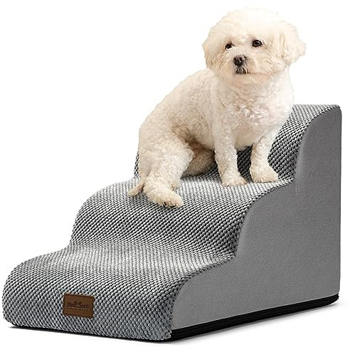 COZY KISS Hundetreppe für Kleine Hunde 40cm, Haustiertreppe für Couch aus Hochdichtem Schwamm, Hunde Treppe Hunderampe mit Waschbarem Bezug und Rutschfestem Boden, 40x57x40cm, 3 Stufen, Grau