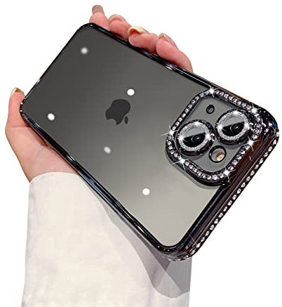 Ownest Compatible with iPhone 15 Plus Case,Sparkle Diamond Camera Len Protector Glitter Clear Case,Crystal Bling Cute Aesthetics Phone Case for iPhone 15 Plus - Black
