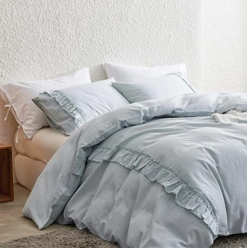 Simple&Opulence Double Size Duvet Cover Sets,Linen Cotton Ruffle Bedding Sets with 2 Pillowcases,Soft Luxury Quilt Cover Set with Frills(Light Blue,200x200cm)
