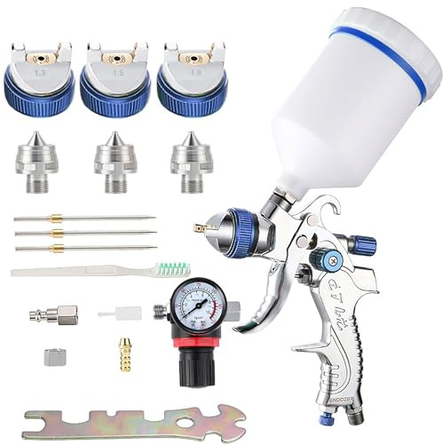 ENDOZER Professional HVLP Spray Gun Set Gravity Feed Air Spray Gun with 1.3, 1.5, 1.8mm Nozzles, 20 oz, 600cc with Gauge for Auto Paint, Primer, Clear/Top Coat & Touch-Up