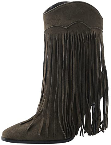 Gicoiz Donna Classico a Collo Alto Stivali con Le Frange Tacco a Spillo Senza Chiusura Inverno Casuale Appuntito Moda Nappe Polacchine Warm Scarpe Verde Numero 34 EU