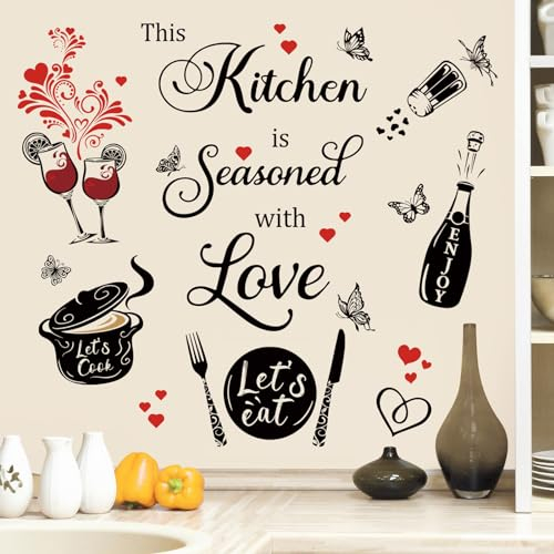 wondever Wandtattoo Küche Sprüche Schwarz Wandaufkleber This Kitchen is Seasoned with Love Zitate Wandsticker Wanddeko für Küche Esszimmer Restaurant