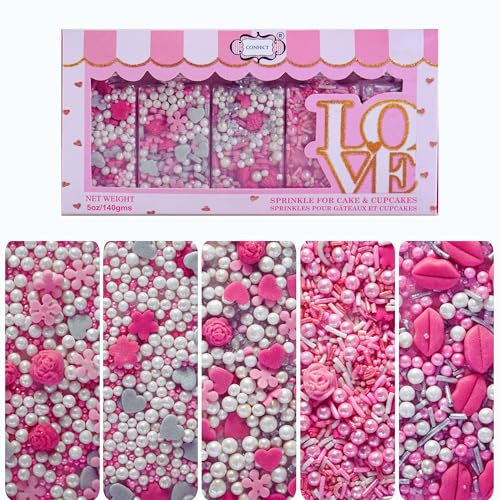 Confect Love Sprinkles Mix – Pink Mini Lips, Roses, Silver Hearts, Pearls & Vermicelli – Edible Cake & Cupcake Toppers for Anniversary, Wedding, Birthday – 5 Pack (5 oz Total)