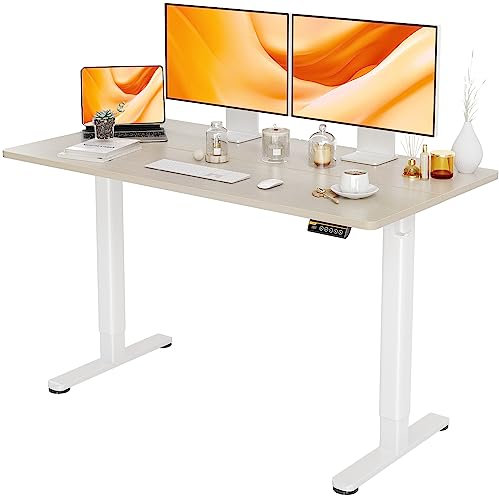 Claiks Schreibtisch Höhenverstellbar 140x60 cm, Elektrisch Höhenverstellbarer Schreibtisch mit Kabelmanagement, Computertisch Sitz/steh mit Memory Funktion und Kollisionschutz, Beige