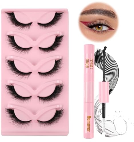 Glowing Win False Eyelashes with Glue Fox Eye Lashes with Bond and Remover 5 Pairs Cat Eye Lashes Natural L Curl Soft Angel Winged Fake Lashes Reusable Faux Mink Lashes