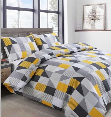 Geometric Striped Squares Yellow Bedding Duvet Cover and Pillowcase Set Non Iron Easycare Quilt Cover and Pillowcase Set (Yellow, Double)