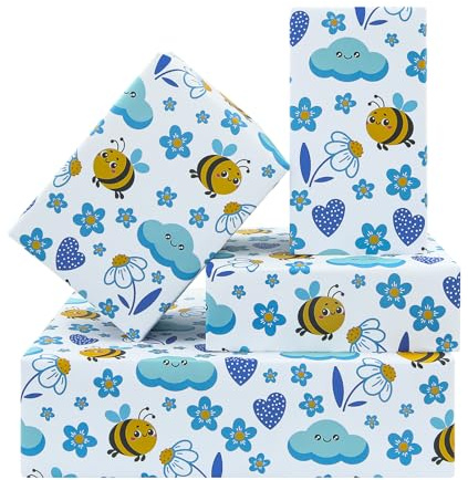 Geschenkpapier mit Bienen-Motiv für Kinder, Mädchen, Jungen, schöne blaue Designs, Blumen, Wolke, Herz, Biene, Frühling, Sommer, Hummel, gefaltet, flach, Geschenkpapier für Babyparty, Geburtstag,