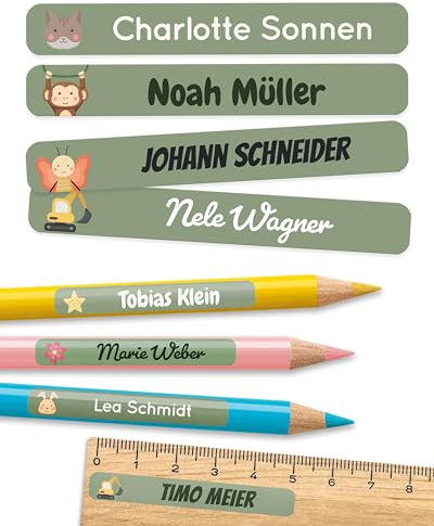 melu kids® Namensaufkleber Kinder für Schule & Kita (225 Stück) - Personalisierte Aufkleber mit Namen für Stifte und alle Schulsachen - Wasserfest in Spülmaschine (Grün)