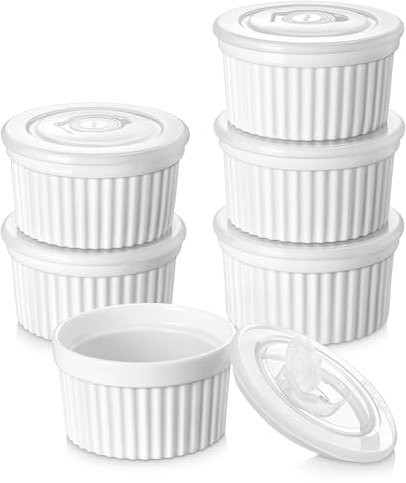 vancasso Moldes para Soufflé con Tapas, 6 Ramequines de Cerámica, 320ml Baking Moldes para Hornear Tartas, Ø 10,6cm Mini Cuencos para Postre, Apto para Lavavajillas, Microondas y Horno, Blanco