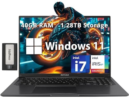 ASUS Vivobook 16 FHD WUXGA Laptop, Intel i7-1255U, 40GB RAM, 1.28TB Storage(1TB SSD+288GB Docking Station Set), Intel Iris Xe Graphics, Numeric Keypad, Webcam, WiFi, Bluetooth, Win 11 Home, Black