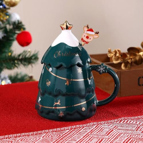 VollfitYYu Neuheite Weihnachtstasse 3D Weihnachtsbaum Kaffeebecher mit Deckel und Löffel 400ml Porzellan Weihnachtsbecher Geschenk für Halloween Weihnachten Neujahr Geburtstag (Grün)