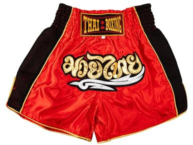 MUAY NATION Pantaloncini Muay Thai per Uomo e Donna, Pantaloncini da Boxe MMA dal Taglio Slim, Abbigliamento da Allenamento per Kickboxing (IT, Testo, M, Regular, Regular, Classico Rosso)