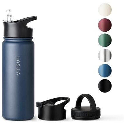 Vinsun Botella Agua Acero Inoxidable 500ml – 3 Tapas – Termo sin BPA, Antigoteo, Reutilizable – Botella Termica con Pajita para Deporte, Exterior, Escuela, Universidad