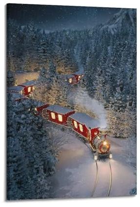 ZSLYMX Weihnachtsposter mit warmem Weihnachtszug im Wald, dekoratives Gemälde, Leinwand, Wandposter und Kunstdruck, moderne Familienschlafzimmer-Dekoration, Poster, 20 x 30 cm
