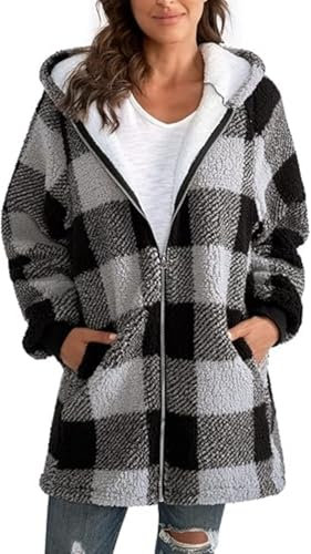 Winterjacke Damen Lässige Warme Plüsch Gitter Winterjacke Langarm Plüschjacke Casual Mantel Winter Kapuzenpullover Mit Kapuze Tasche Reißverschluss Vintage Wintermantel warmer Shacket-Jacke