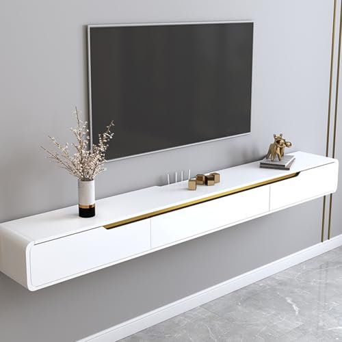 Ahtadums Mobile TV Sospeso, Console TV Galleggiante Multimediale Moderno Mobili Soggiorno, Vernice lucida Mobiletto con Cassetti Legno massello (Bianco, 200cm)