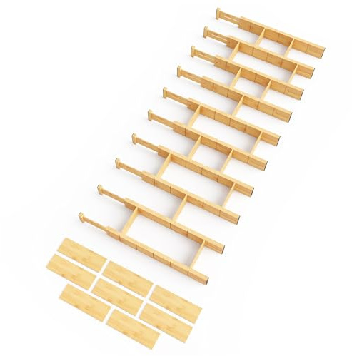 SpaceAid Bamboo Drawer Dividers with Inserts and Labels, Kitchen Adjustable Drawer Organisers, Expandable Organisation for Home, Office, Dressers, 10 Dividers with 24 Inserts (17-22 Natural)