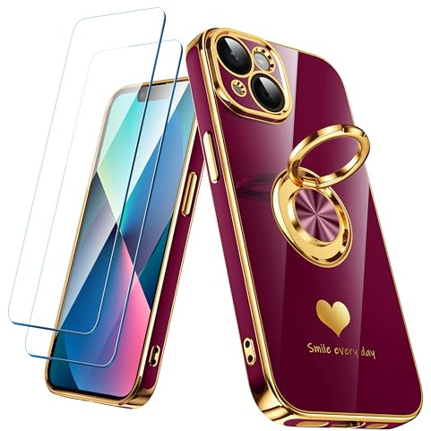 Nonional Compatible for iPhone 13 Case with 2 Pack Screen Protector, 360° Rotatable Ring Holder [Luxury Hearts Pattern] Plating Gold Edge Slim Soft Phone Cover Case for iPhone 13 - Wine Red